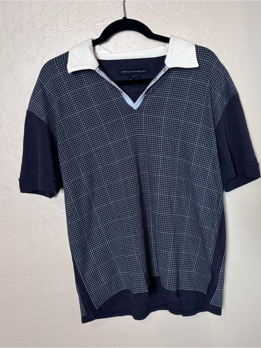 French Connection FCUK Checkered Polo Shirt Men’s Size Large Navy Blue